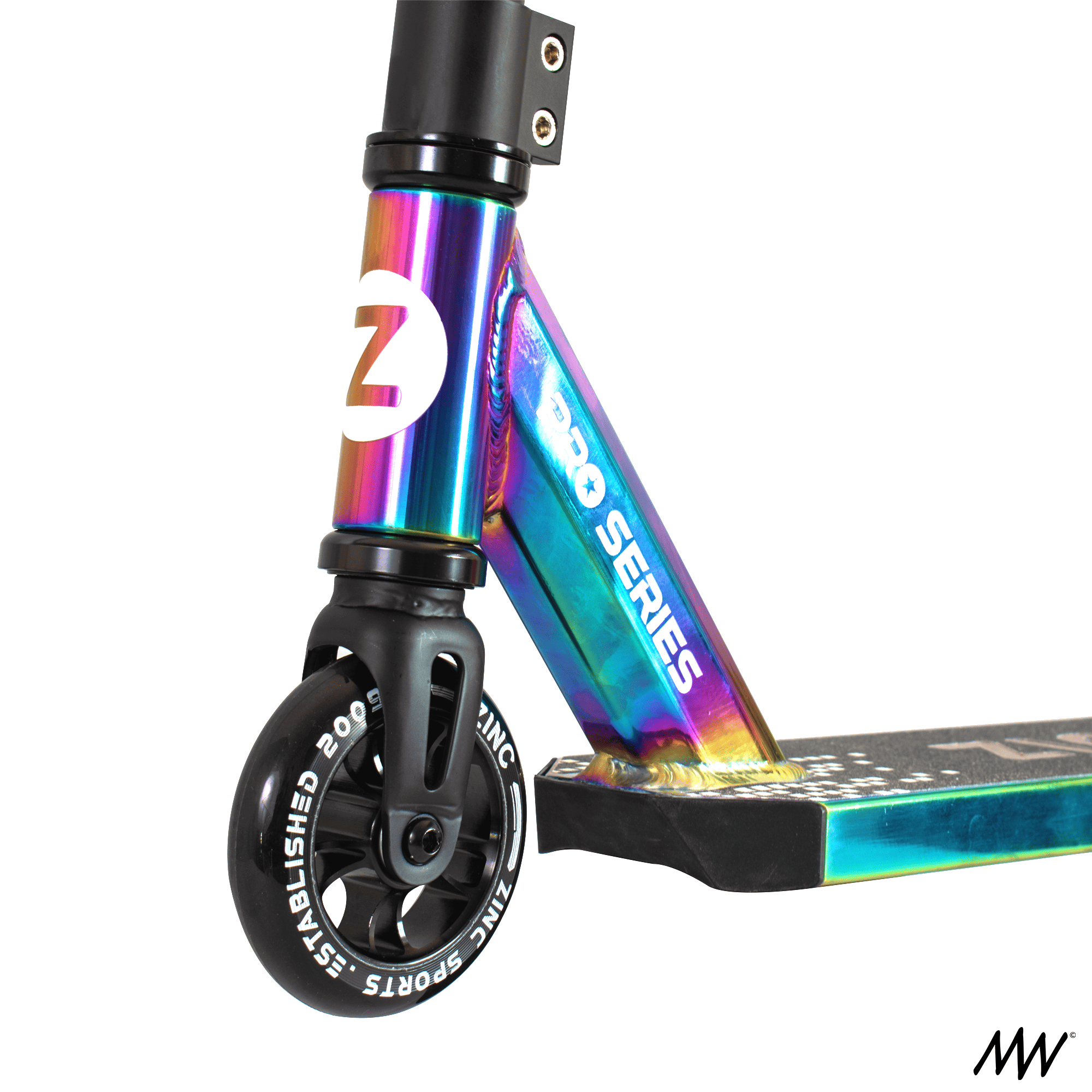 Close-up of a rainbow-colored Scooter with a black wheel and deck, displaying labels '2' and 'PRO SERIES'.