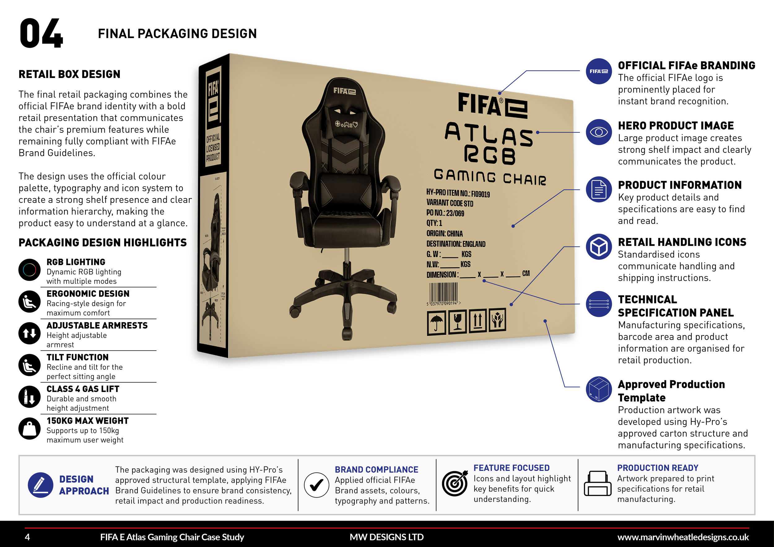 A retail packaging box for a FIFA-themed gaming chair. The box displays a large image of the black gaming chair with adjustable armrests, ergonomic design, tilt function, and a maximum weight support of 150kg. The packaging highlights include FIFA branding, a hero product image, product information, retail icons, and technical specifications, with branding and design elements emphasizing FIFA's official branding standards.