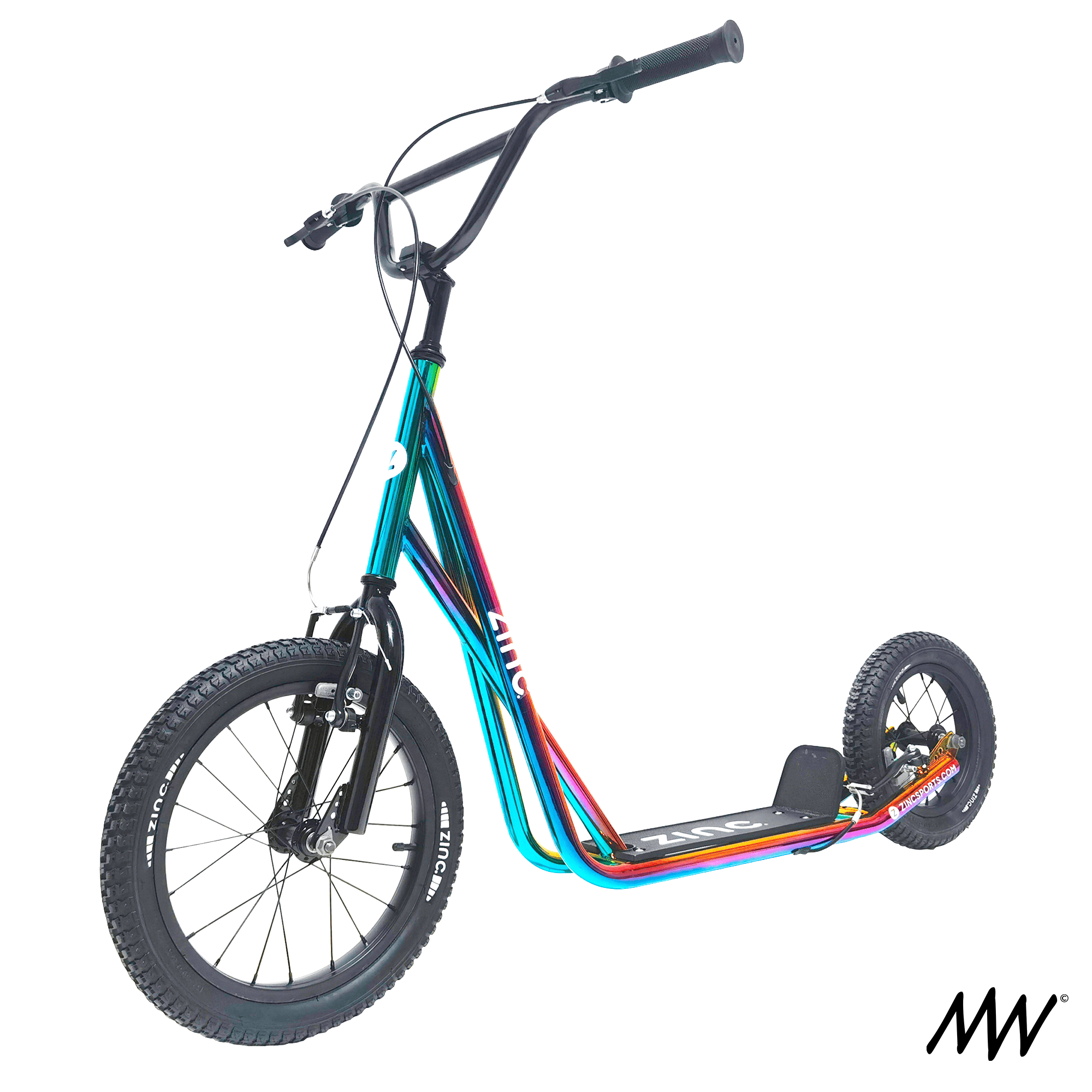 A colorful kick scooter with large tires and a black handlebar.