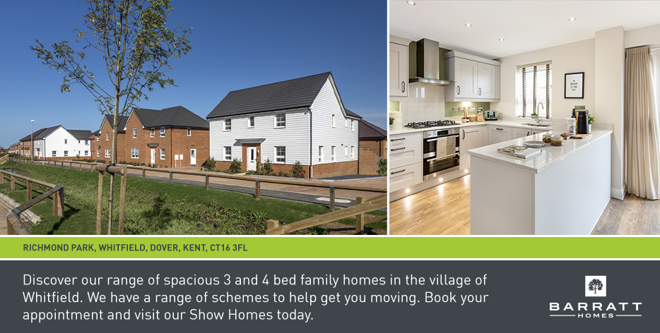 Photo of a residential neighborhood with white and brick houses, located along a grassy area with a wooden fence, and a modern kitchen with white cabinets, a breakfast bar, and stainless steel appliances.