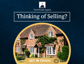 A promotional graphic for real estate agents with a house and text asking 'Thinking of Selling?' and a 'Get in Touch' button.