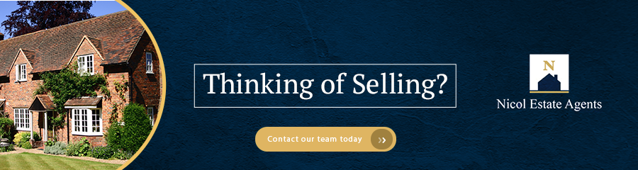 Advertisement for Nicol Estate Agents with a photo of a brick house surrounded by trees and bushes, and text saying 'Thinking of Selling?' with a button to contact their team.