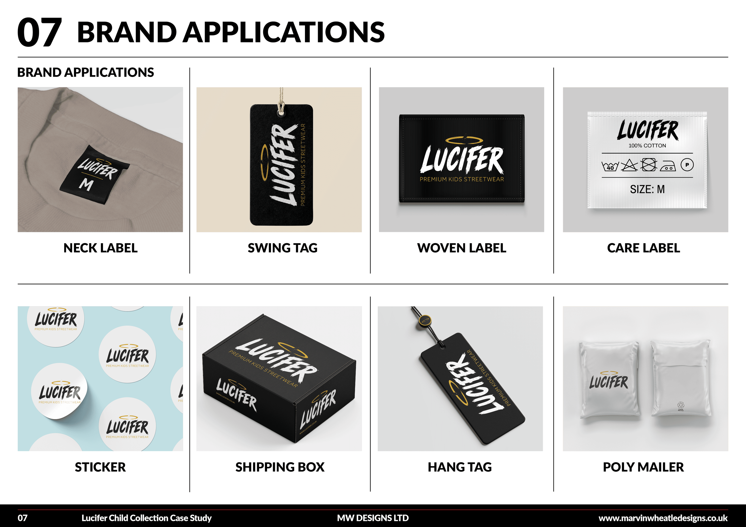 A chart illustrating various brand application methods including a neck label on a piece of clothing, a swing tag attached to a product, a woven label, a care label, a sticker with the Lucifer logo, a shipping box with branding, a hang tag, and a poly mailer. The image includes the Lucifer logo and mentions the manufacturer MW Designs Ltd.