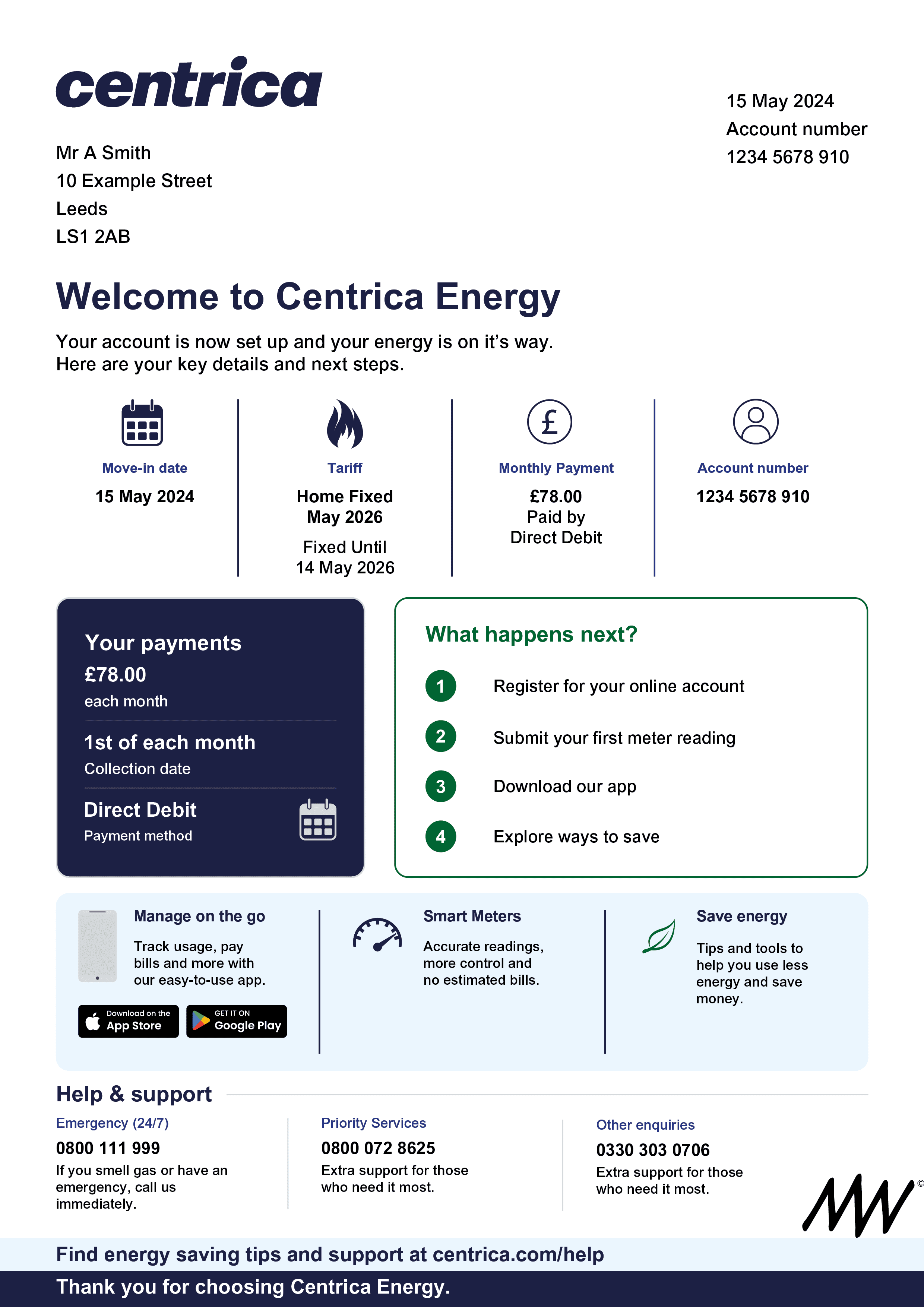 A detailed energy bill statement from Centrica Energy with account details, charges, and useful tips for energy management.