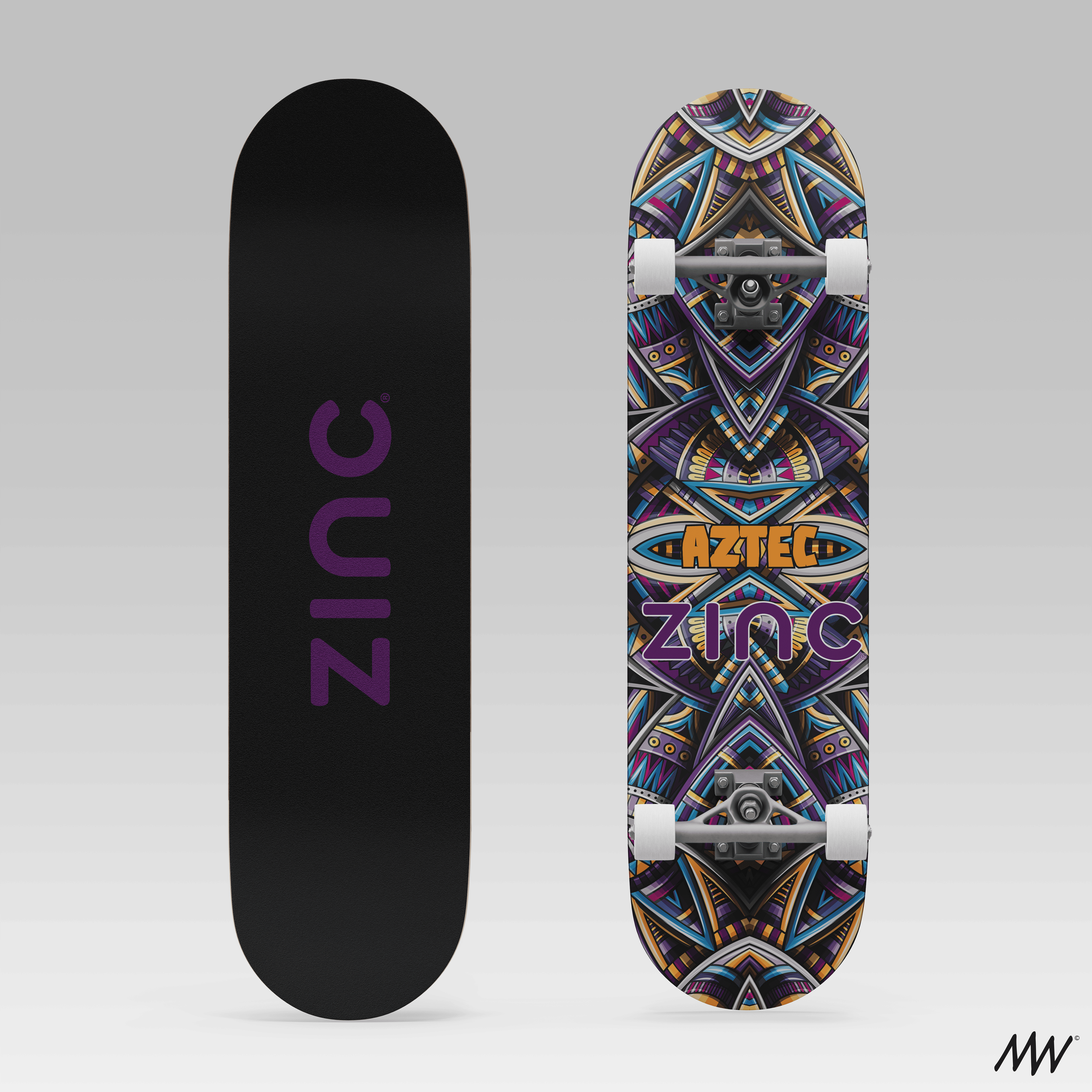 Two skateboards, one with a plain black deck featuring the purple ZING logo, and the other with a colorful, geometric Aztec-inspired pattern, displaying the ZING logo and orange AZTEC logo.