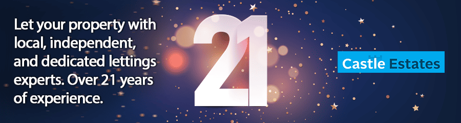 Graphic advertising real estate letting services with text and starry night background, featuring a large white number 21 and a blue box with 'Castle Estates'