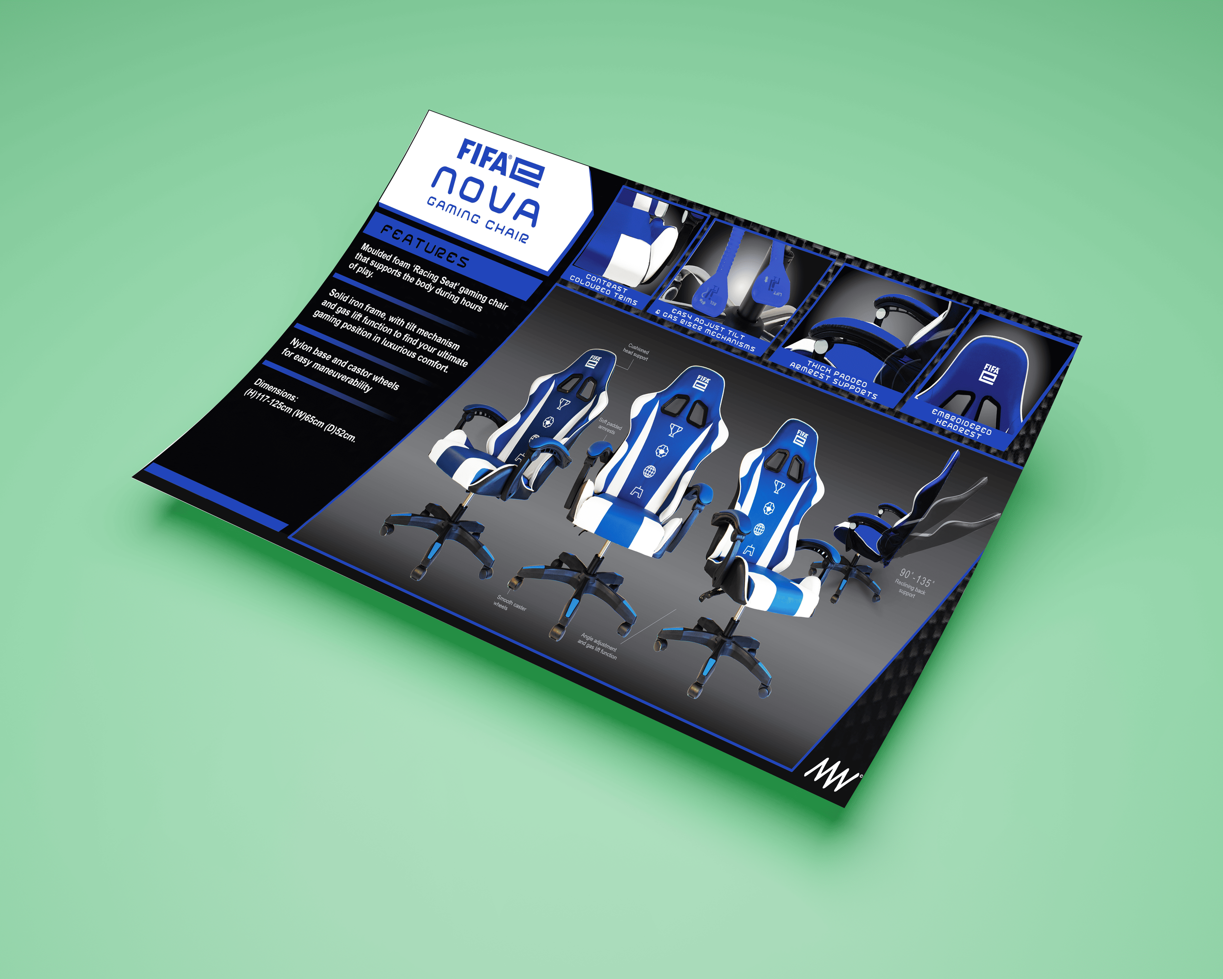 Information sheet showcasing FIFA 2 Nova gaming chairs with features and specifications, including images of the chairs from different angles and labeled components