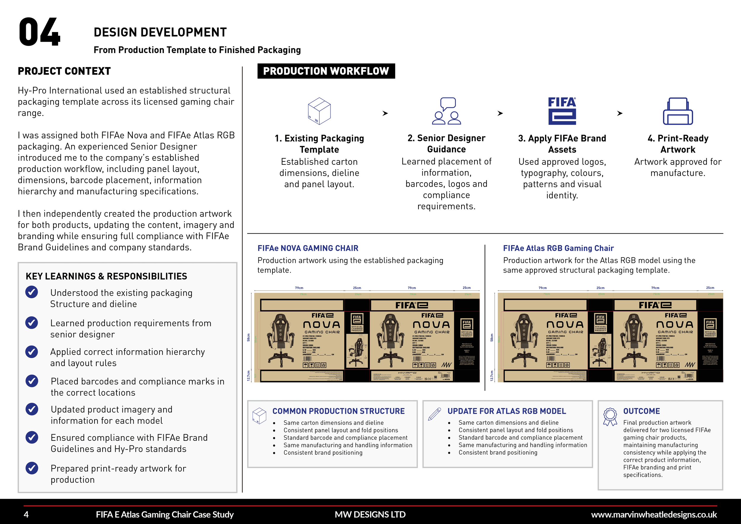 Page from a design development document showing process steps for creating FIFA game chair packaging, including artwork and branding details with images of the product packaging.