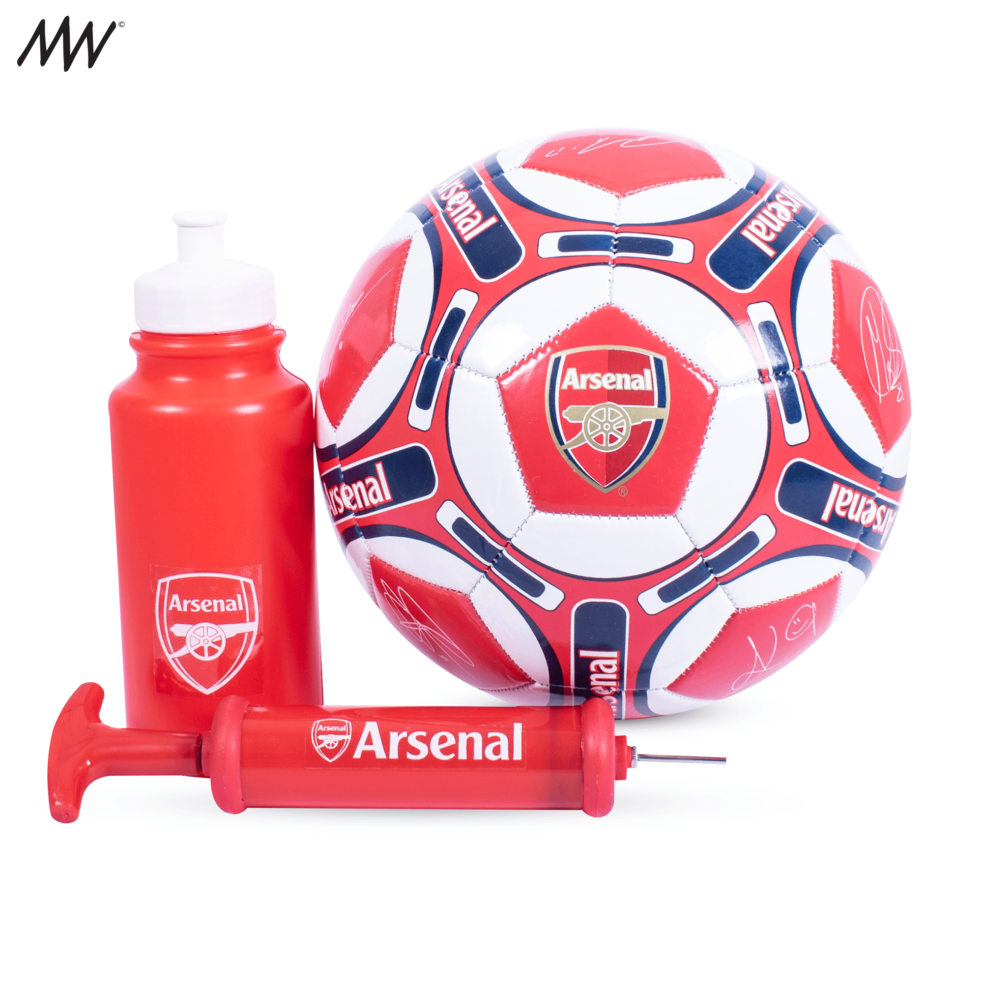 Soccer ball, water bottle, and syringe, all featuring the Arsenal soccer team logo.
