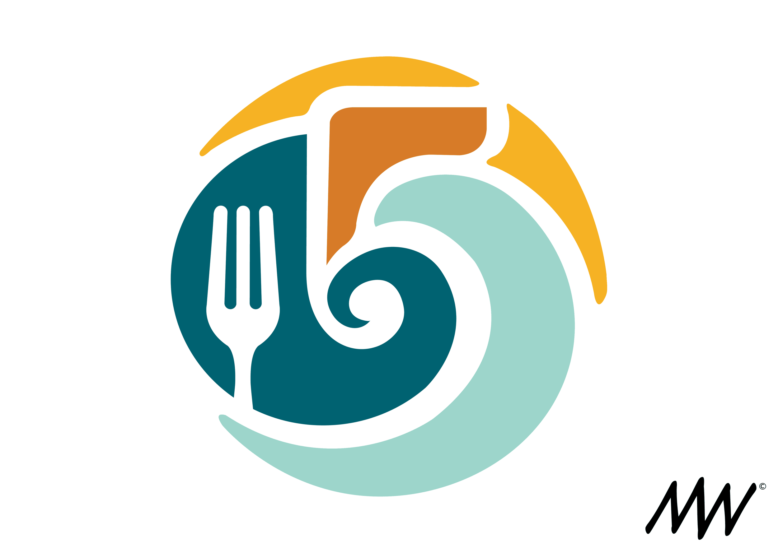 A colorful logo featuring a swirling design with a fork, a bread slice, and a curved shape, with a signature MW in the bottom right corner.