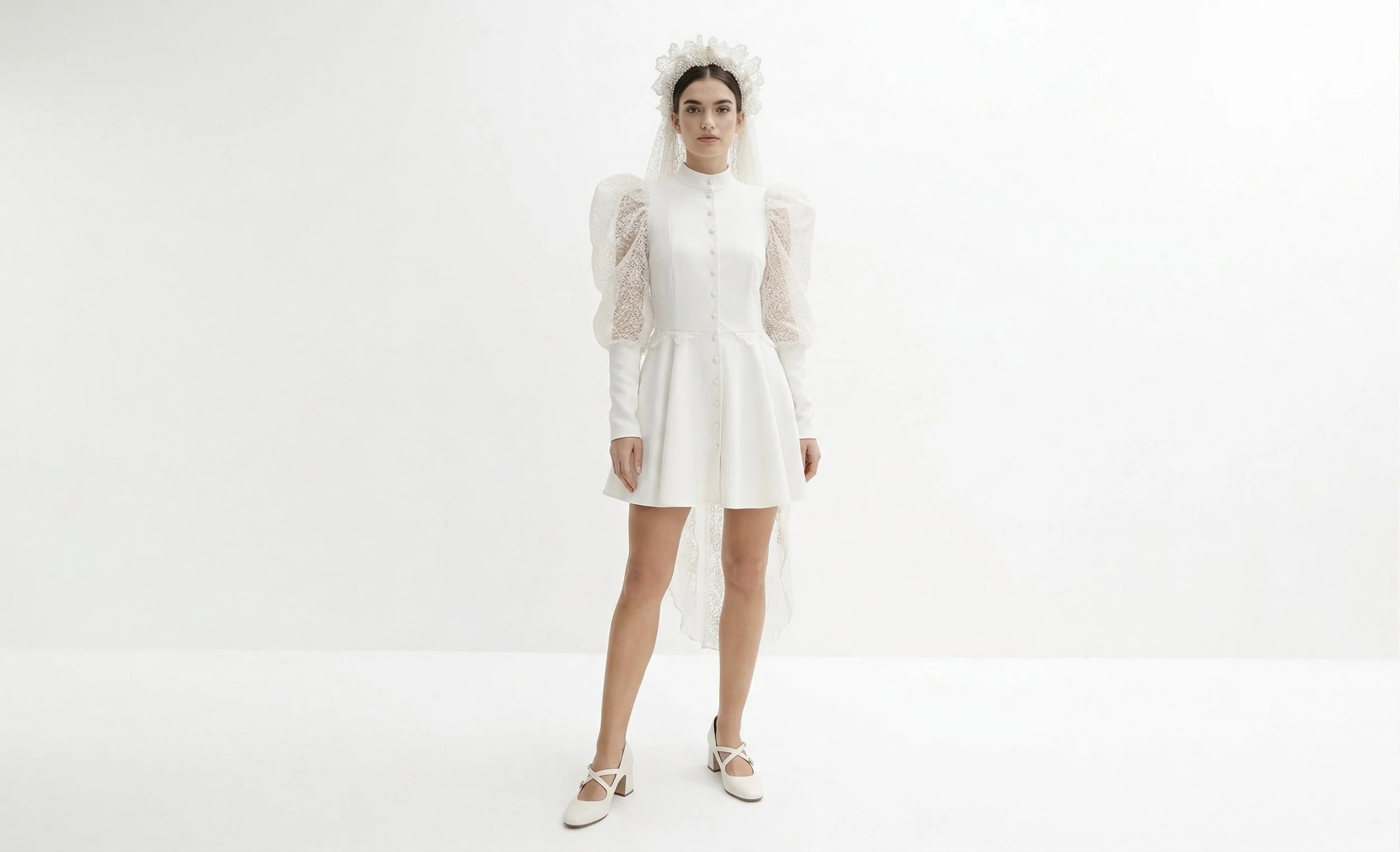 Weißes Kleid mit transparenten Puffärmel