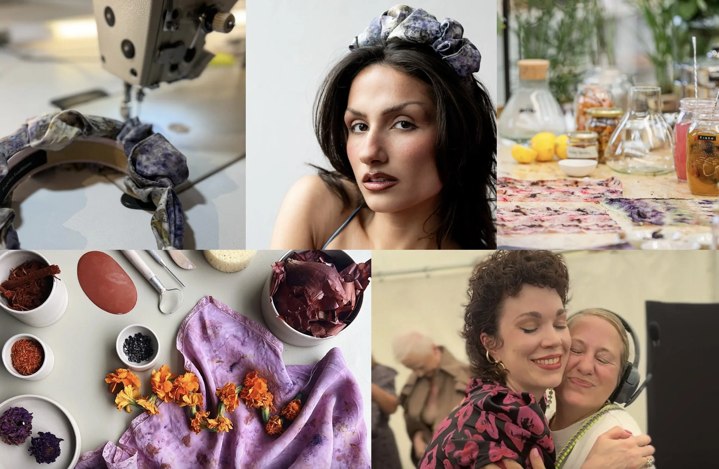 Collage aus fünf Fotos: 1. Hand mit Stoffhandschuh arbeitet an einem Nähmaschinenprojekt, 2. Porträt einer Frau mit dunklen, gewellte Haare und buntem Haarschmuck, 3. Tabelle mit verschiedene Gläsern und Zutaten, 4. Künstlerische Anordnung von buntem Stoff, Blumen und Bastelzubehör, 5. Zwei Frauen, die sich freundlich umarmen, eine trägt Kopfhörer, im Hintergrund andere Menschen.