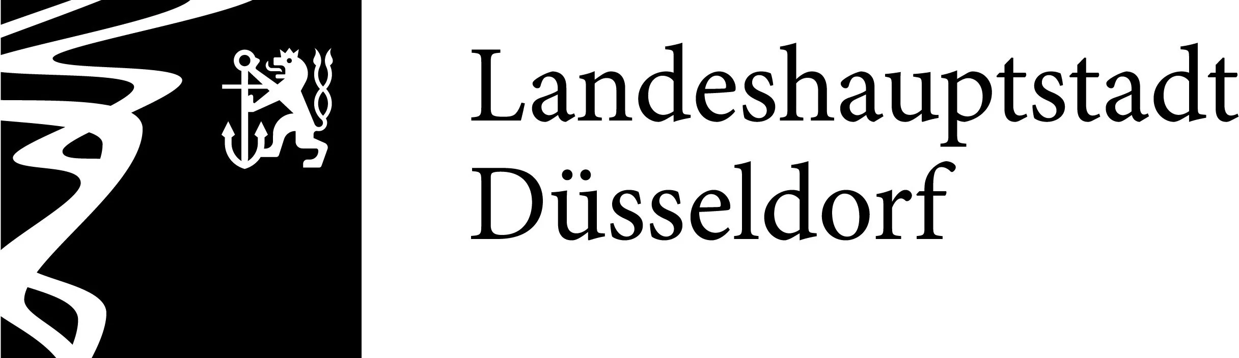 Logo der Landeshauptstadt Düsseldorf mit schwarzem Wappen, weißem Sensenmensch und schwarzer Schrift auf weißem Hintergrund.