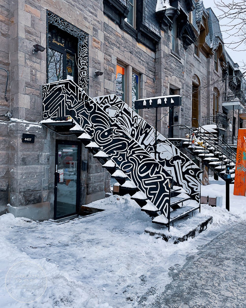Black and white artist painted stair steps, spotted in the Plateau neighborhood, Montréal