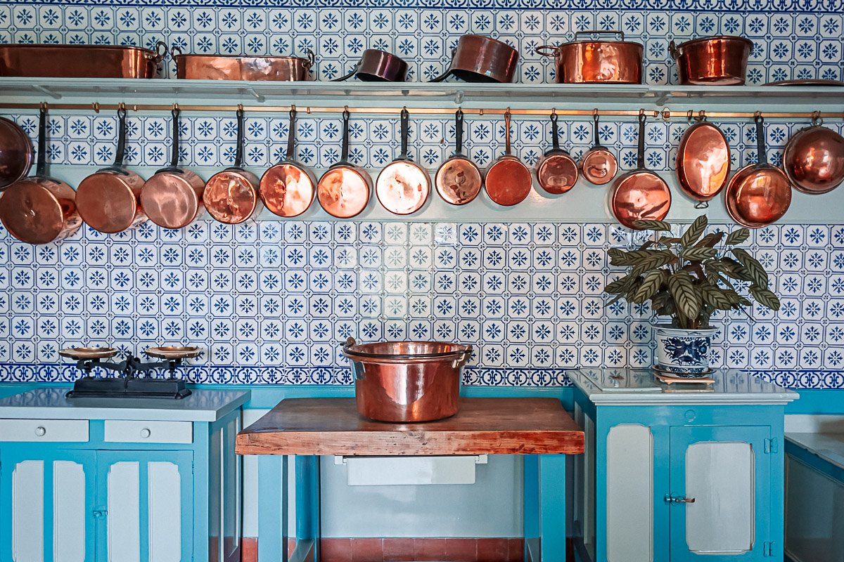 Blue Kitchen, Copper Pots