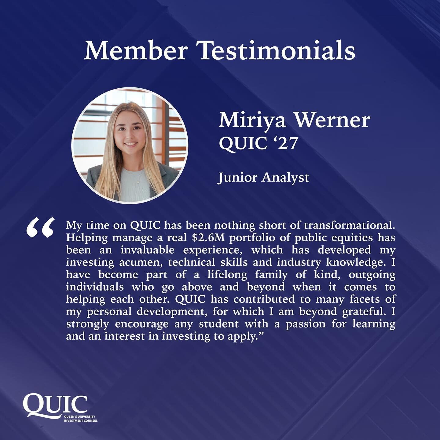 Check out what our Junior Analysts Miriya Werner, Oliver Segal, and Lesley Cirillo have to say about their time on QUIC so far!

To learn more about QUIC and our March Hiring cycle, please refer to our March Hiring Timelines post and Resource Package