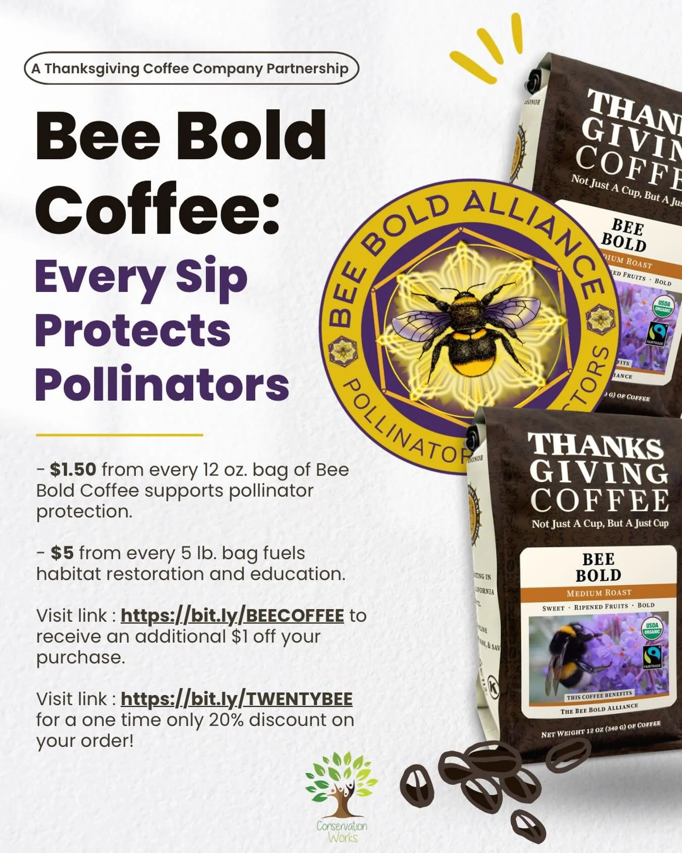 Conservation Works is PROUD to be a core partner of the Bee Bold Alliance 🐝, receiving direct support to expand pollinator habitat, reduce pesticide use, and empower youth as environmental leaders. 

The Bee Bold Alliance was launched by Thanksgivin