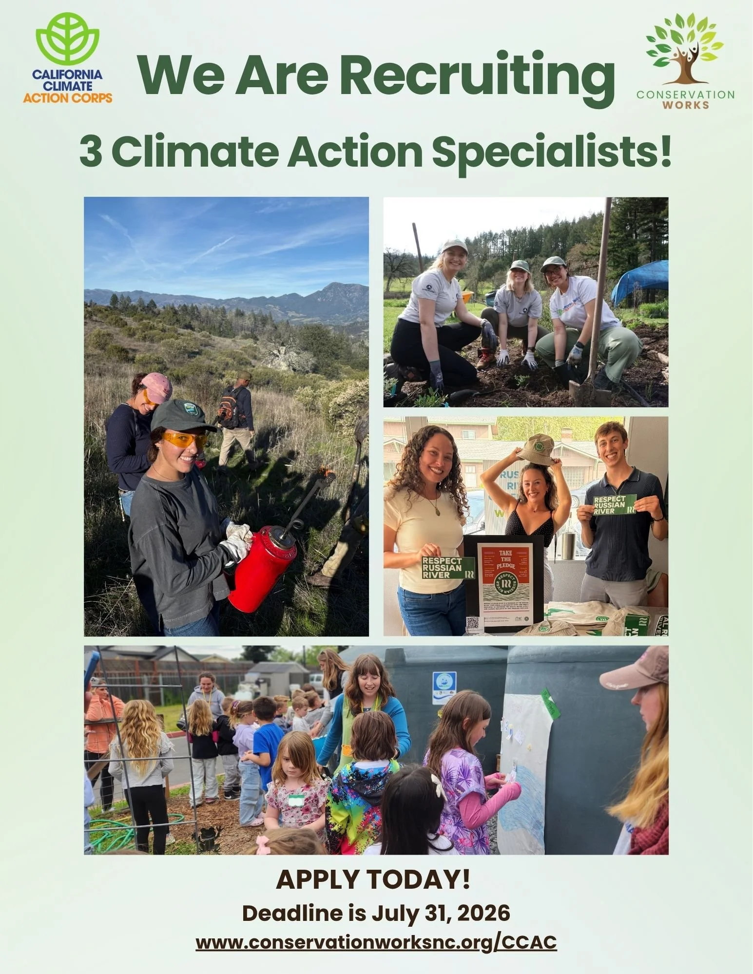 Join the Conservation Works Team as a California Climate Action Corps (CCAC) Fellow!

Are you passionate about climate action and community building? We are seeking three dedicated Climate Action Specialists to join us from September 2026 through Aug