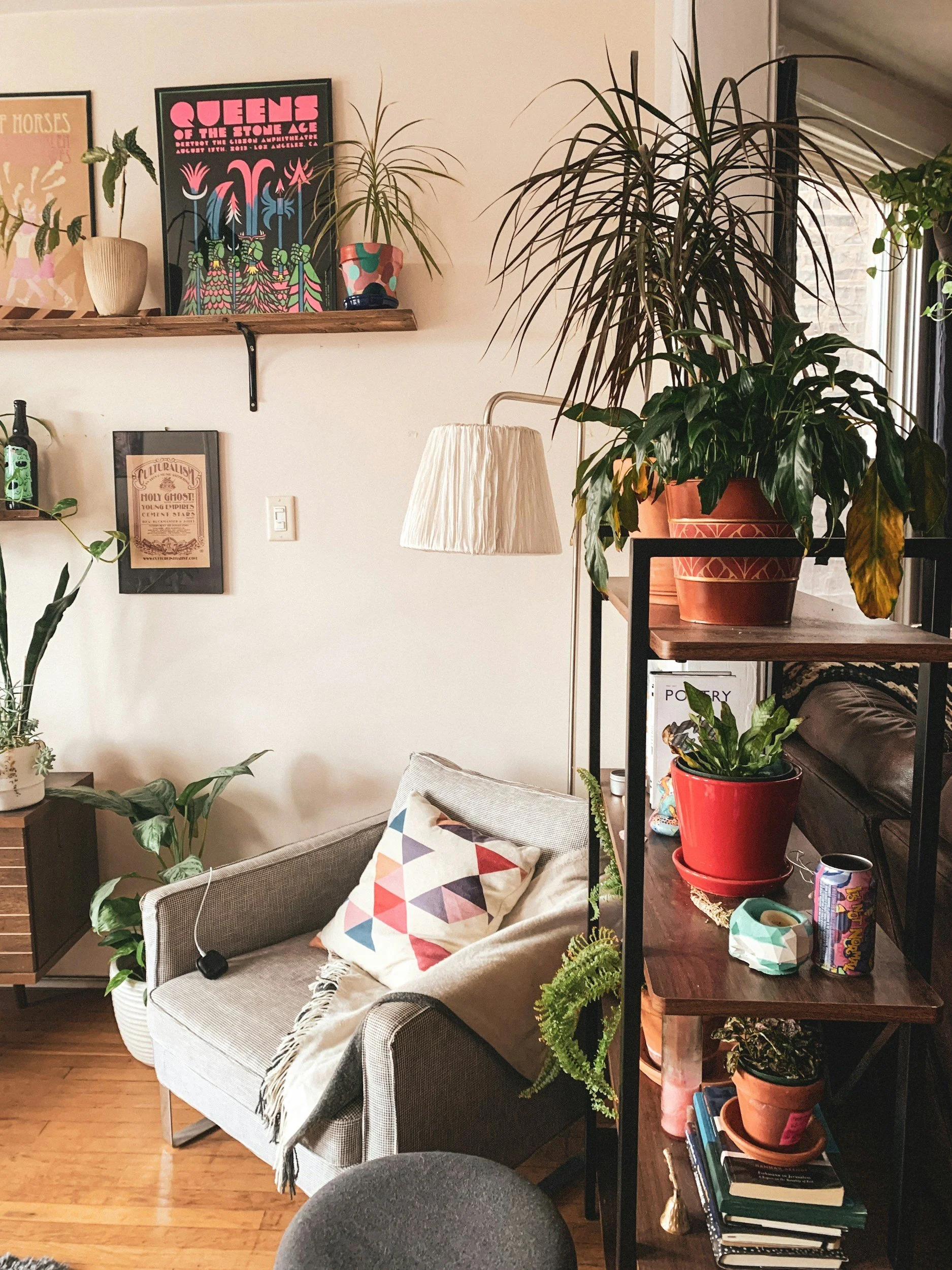 Cozy living room corner with a light-colored armchair holding a geometric-patterned pillow and beige blanket, a tall potted plant beside it, wall-mounted shelf with framed posters and potted plants, a floor lamp with a fabric shade, and a wooden and metal shelving unit with potted plants, books, a tissue box, and a can of soda.