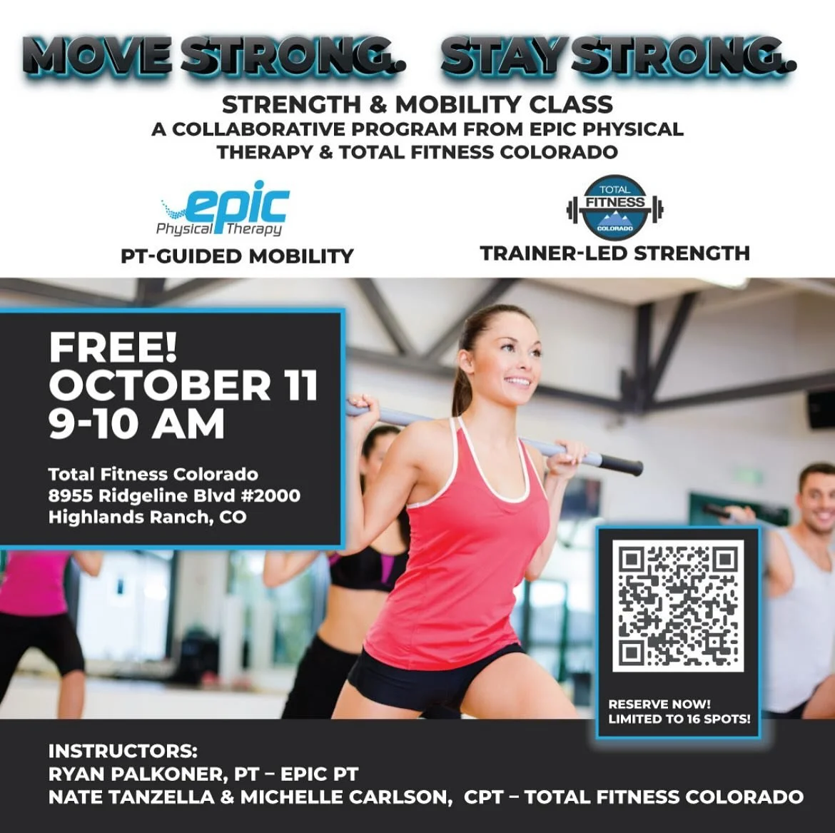 We are teaming up with Epic PT for a special FREE group class on Saturday, October 11 at 9:00 AM and you’re invited! 
This one-of-a-kind class will blend:
 Physical therapy + mobility techniques from Epic PT
Strength training led by our Total F