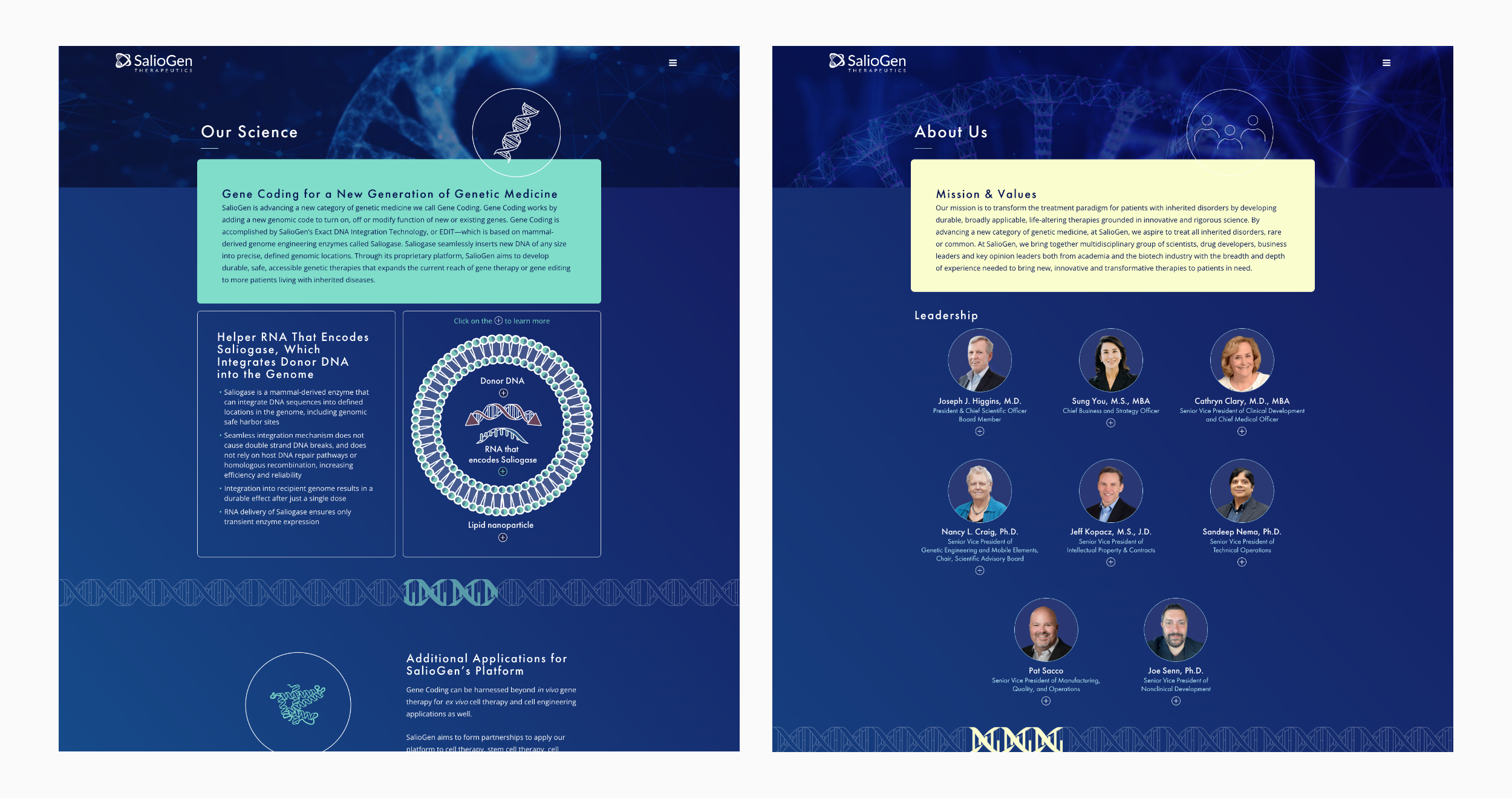 "Our Science" and "About Us" pages