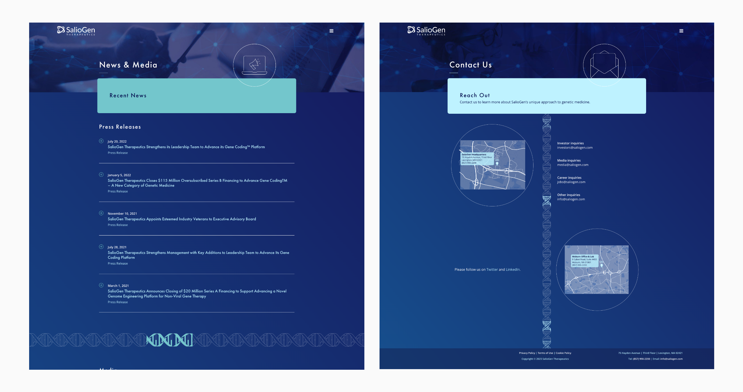 "News & Media" and "Contact Us" pages
