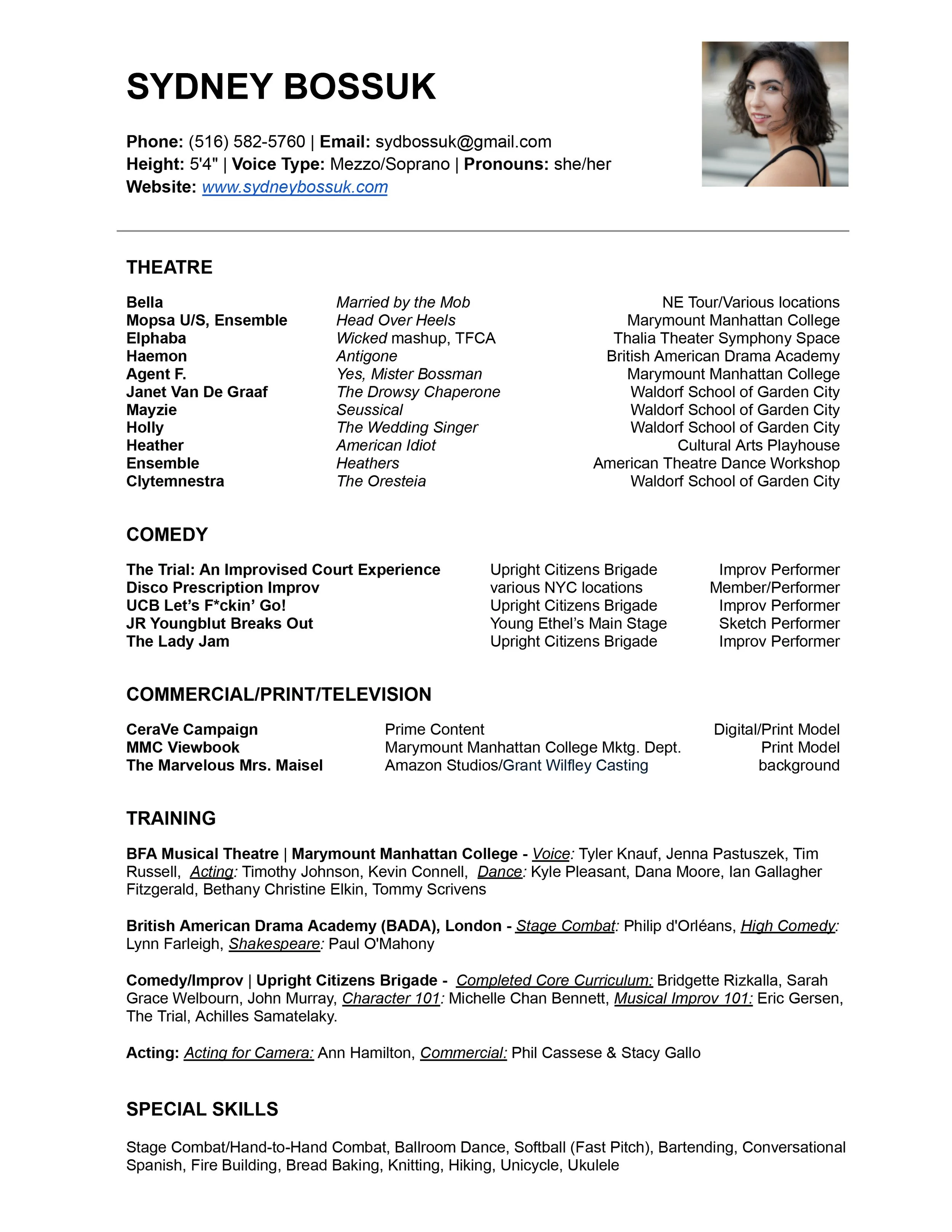 Resume for Sydney Bossuk with contact information, education, and a profile picture of a woman with dark, curly hair smiling.