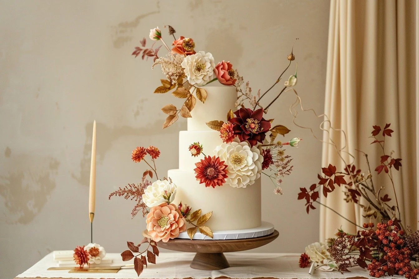 🍂✨ Autumn weddings are full of magic — rich colours, cosy textures, and seasonal flavours that make your cake a true showstopper.
Think jewel-toned sugar flowers 🌹, warming spices 🍂, and luxurious details like gold leaf or velvet styling. F