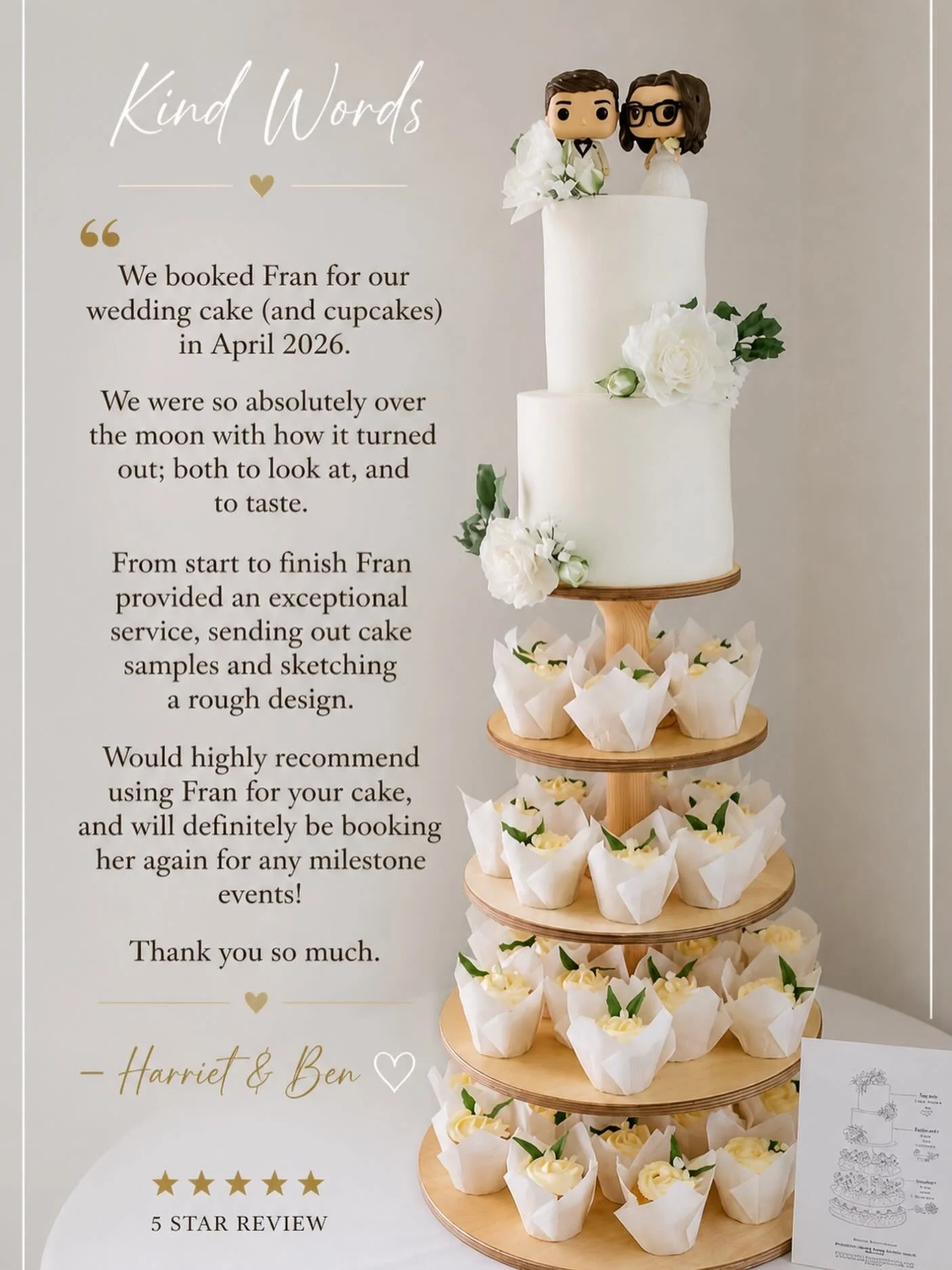 Still not over this one 🤍

Harriet &amp; Ben&rsquo;s wedding cake and cupcake tower from April 2026 ✨
Such a beautiful day and such kind words &mdash; it honestly means the world.

From samples to sketching the design, I loved bringing this one to l