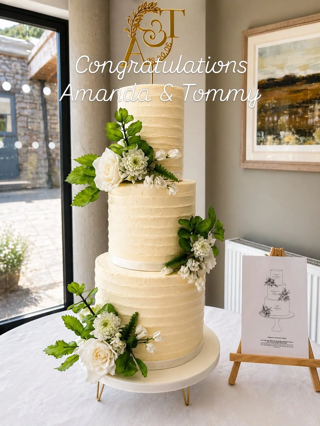 Amanda &amp; Tommy&rsquo;s beautiful wedding cake from their special day at Faenol Fawr on 30th April 🤍

A contemporary three-tier design finished with soft textured buttercream, delicate ivory florals and fresh greenery for an elegant, timeless fee