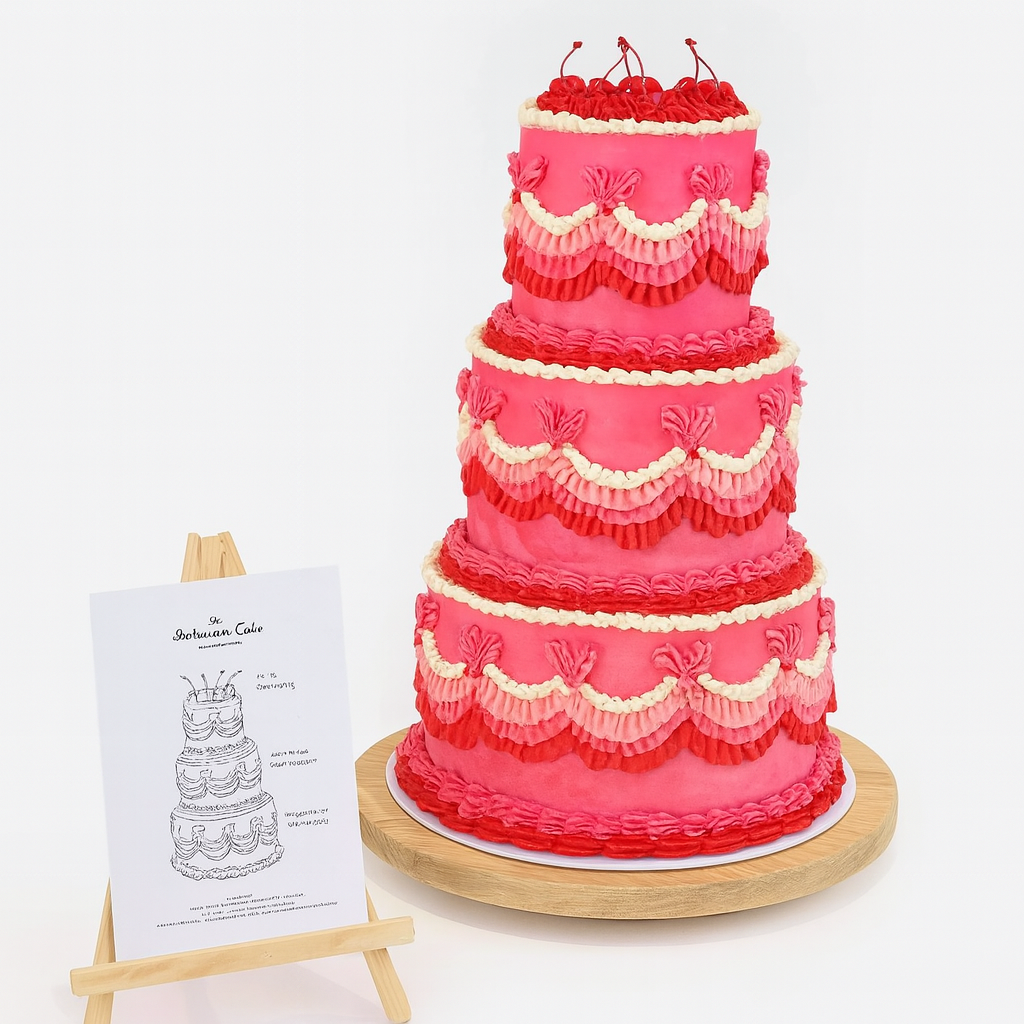 Three-tier vintage-inspired wedding cake with bright pink buttercream, red and white piped swags, and cherries on top, displayed against a white background, Ruthin, North Wales. wedding cake gallery