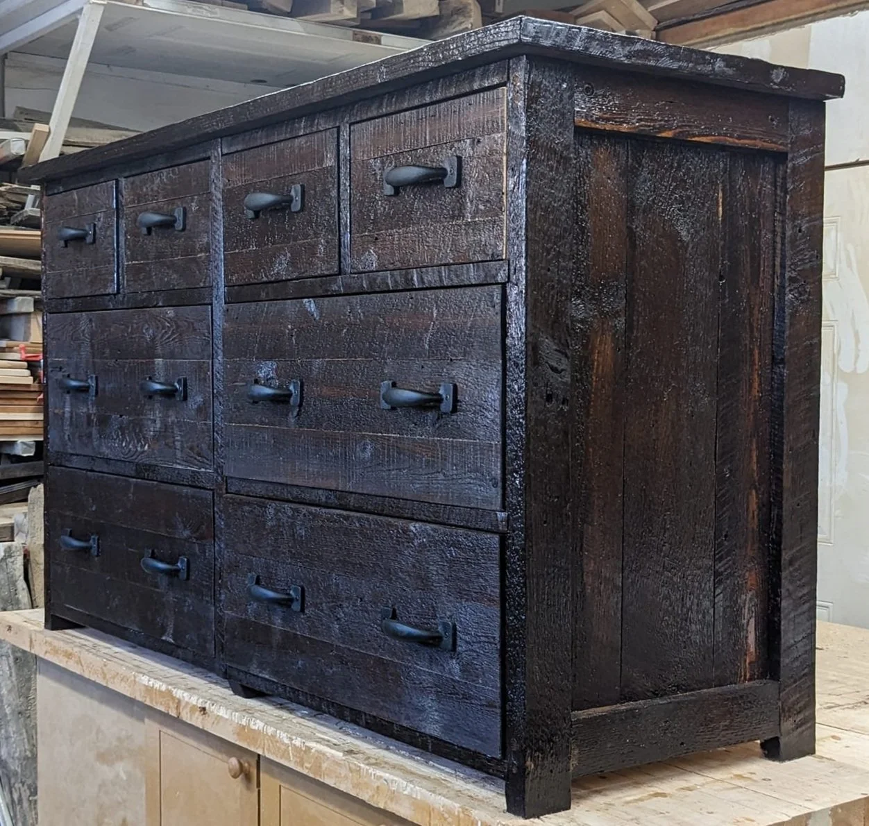 8 Drawer Dresser, soft closing rails, 64¨ X 37¨ X 21¨, hancrafted with 100-year-old barn wood - $1700 (SOLD) Contact me to have one built for your specific needs