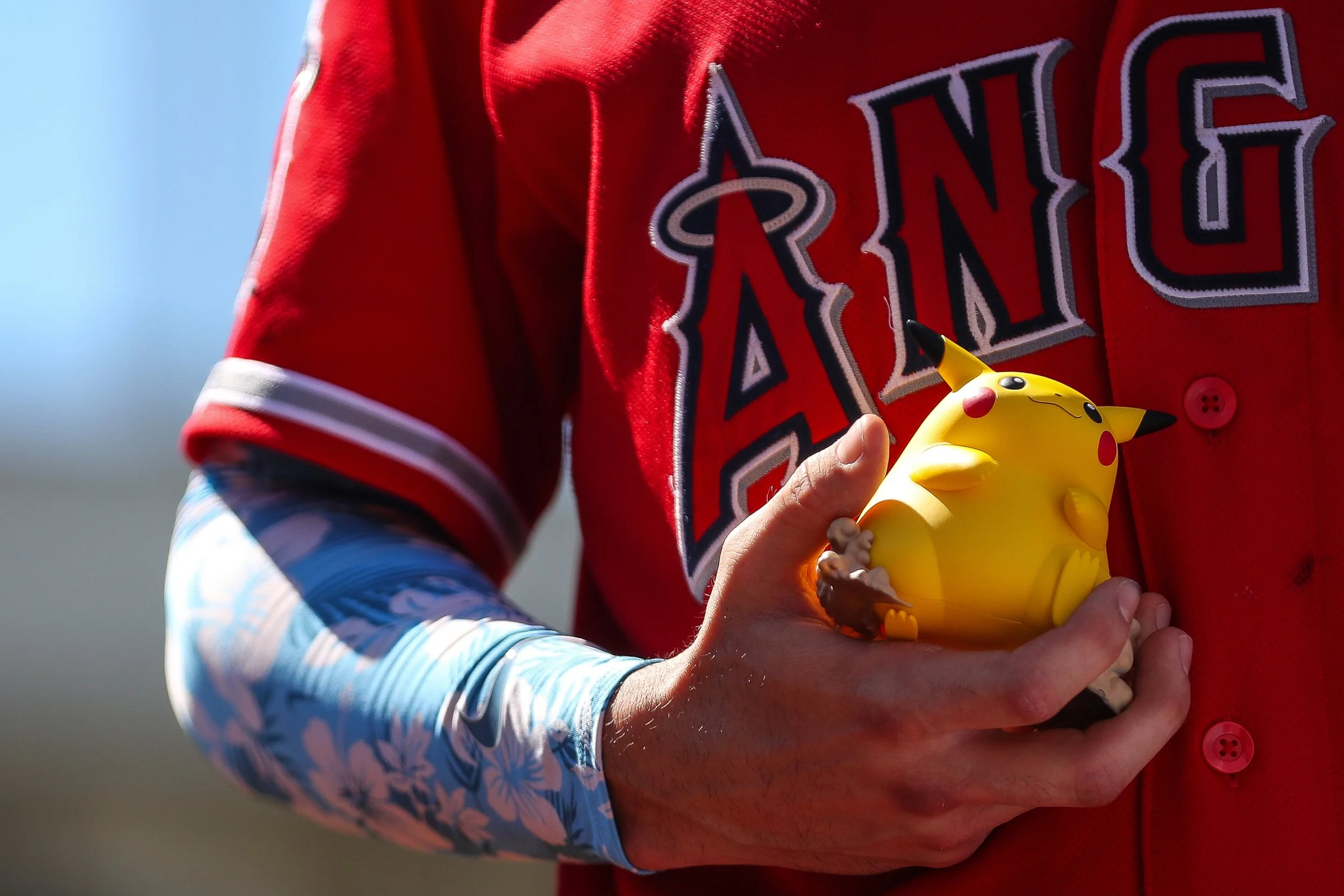 Jun 21, 2026; West Sacramento, California, USA; A general view of the Pikachu figurine Los Angeles Angels shortstop Zach Neto (9) is holding during his postgame interview after the Los Angeles Angels win over the Athletics at Sutter Health Park. Mand