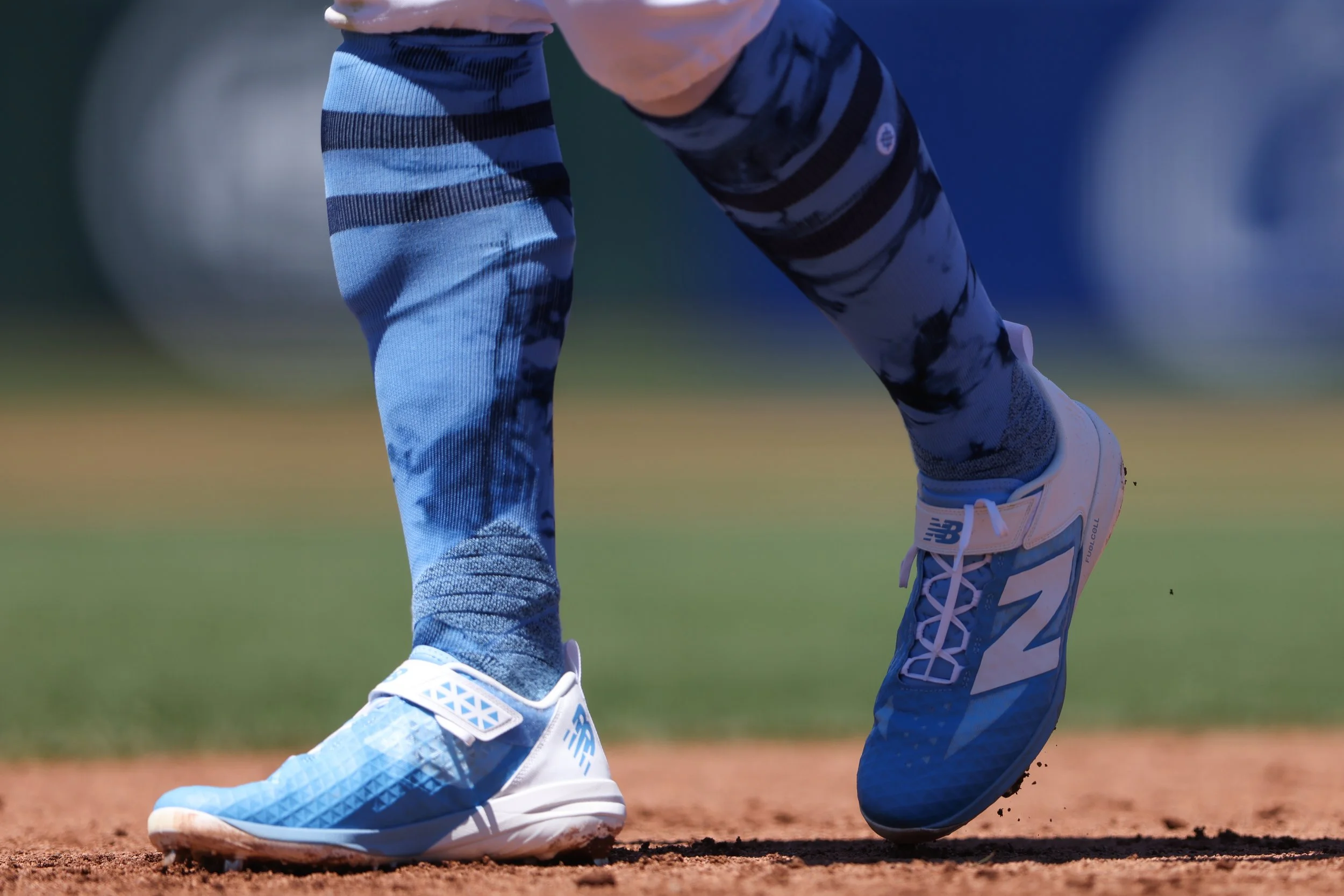Jun 21, 2026; West Sacramento, California, USA; A general view of the New Balance cleats and Stance Fathers Day socks worn by Athletics first baseman Nick Kurtz (16) during a baseball game against the Los Angeles Angels at Sutter Health Park. Mandato