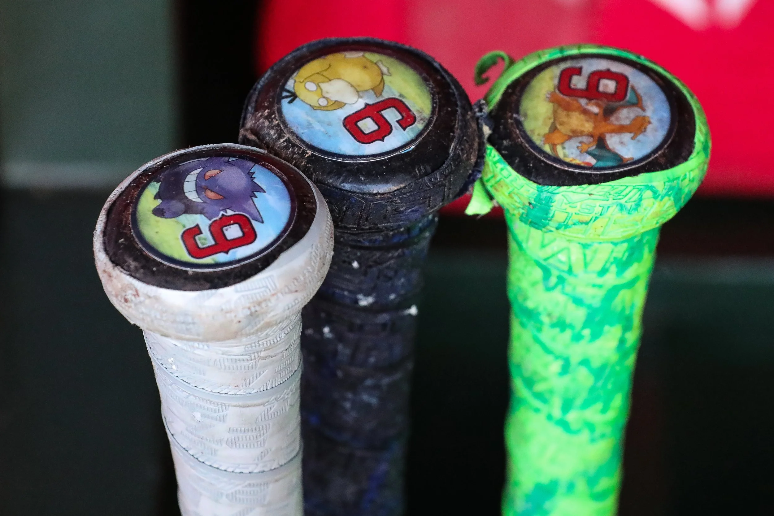 Jun 21, 2026; West Sacramento, California, USA; A detailed view of the Pokemon themed bat knobs used by Los Angeles Angels shortstop Zach Neto (9) before a baseball game against the Athletics at Sutter Health Park. Mandatory Credit: Scott Marshall-Im