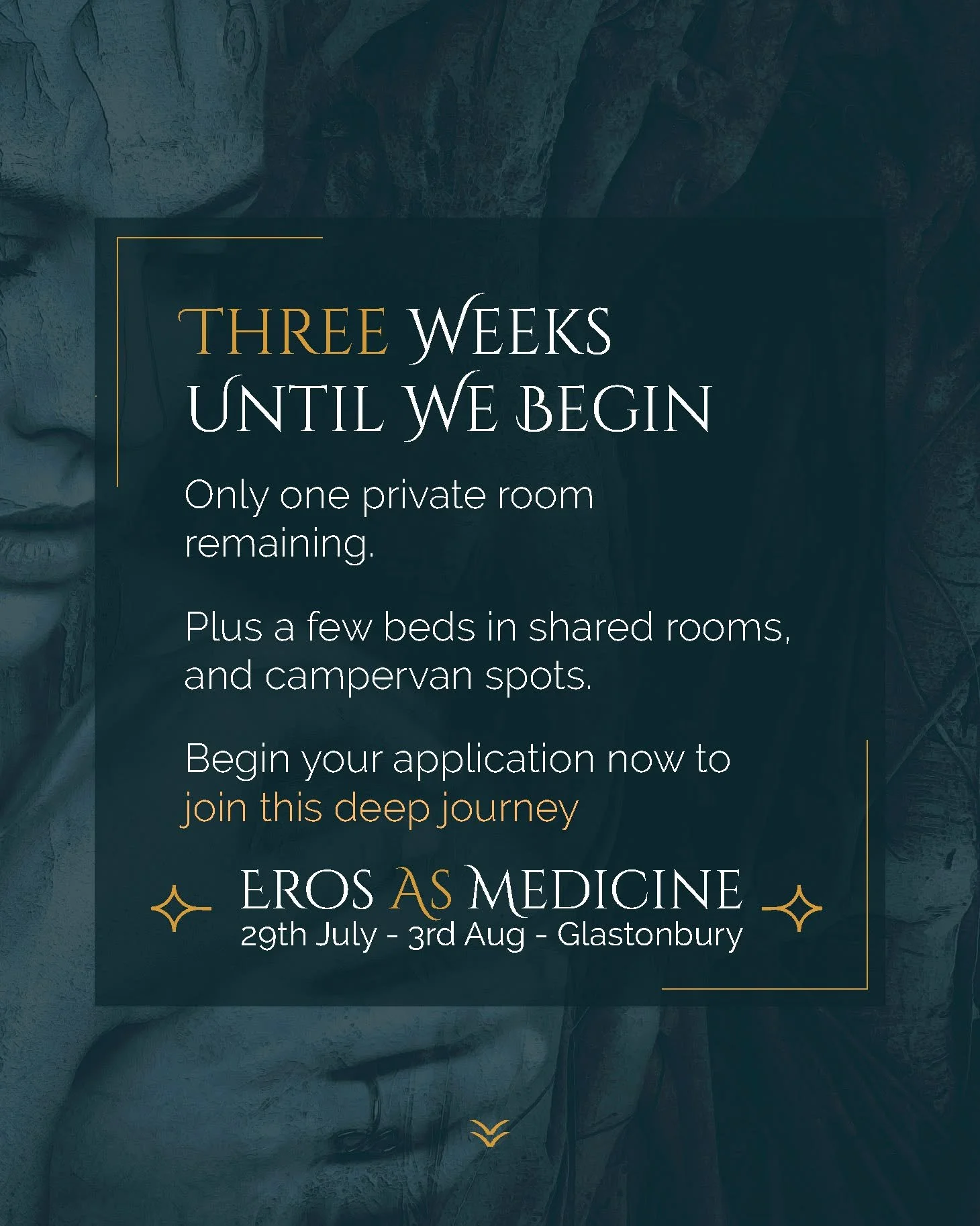 Three Weeks Until We Begin
Eros As Medicine 6 day residential
29thJuly - 3rd Aug 2025
EarthSpirit Galstonbury

Only one private room available (can be single or double for a couple)
And a few beds in shared rooms, plus some spots for camper vans.

Be