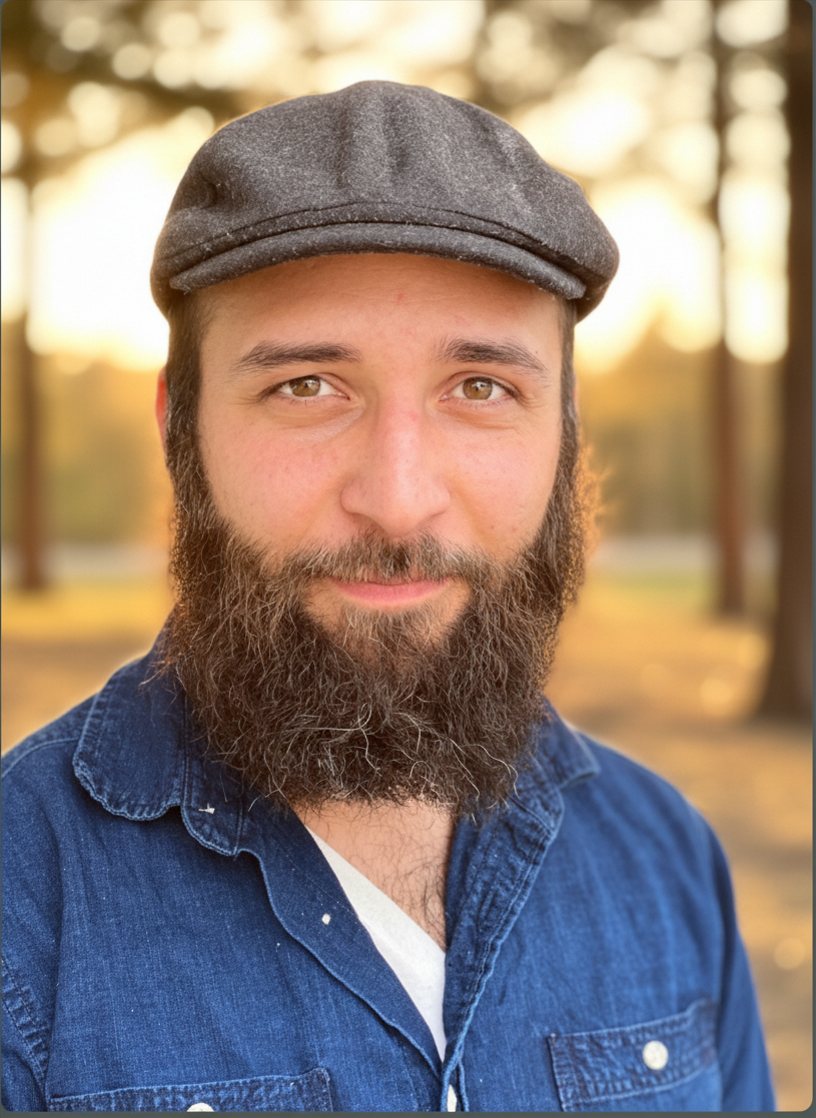 A man with a beard wearing a flat cap and denim jacket outdoors during sunset.