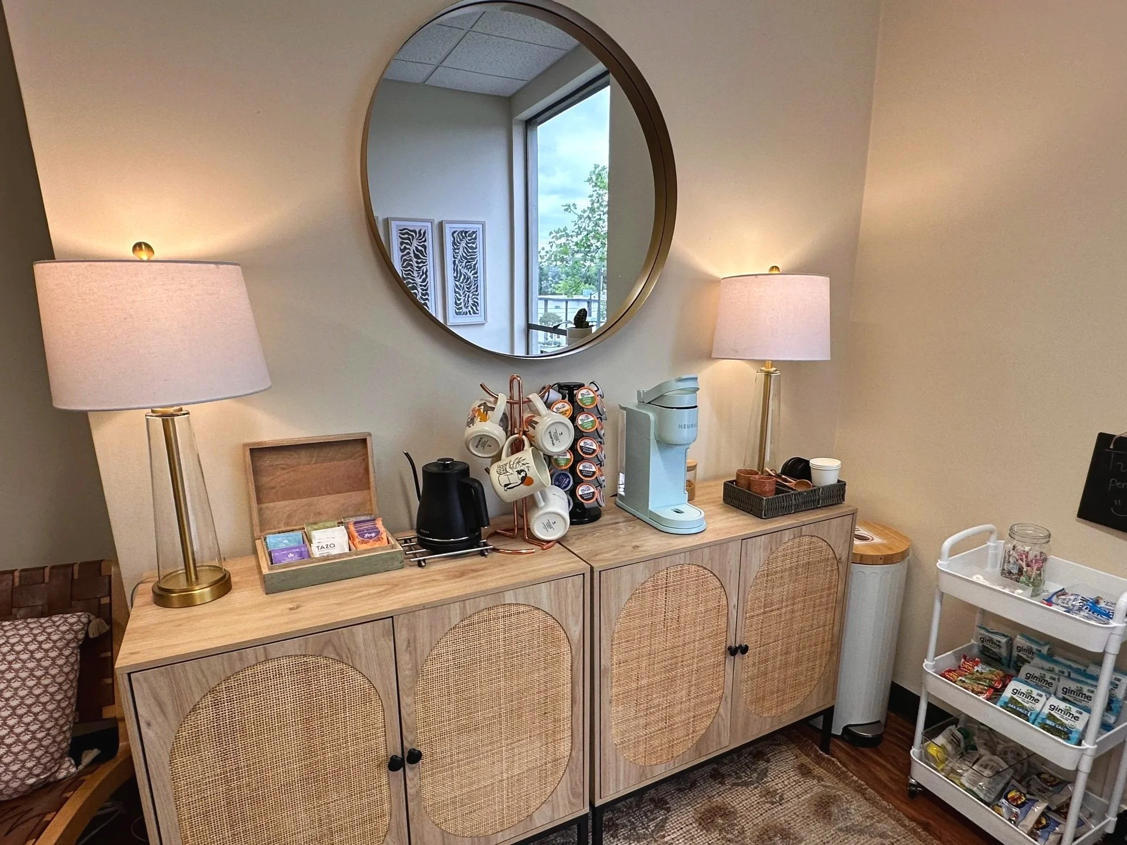 While your child is in session, we have got you covered. Help yourself to coffee, tea, or a snack. You deserve a moment to breathe, too.