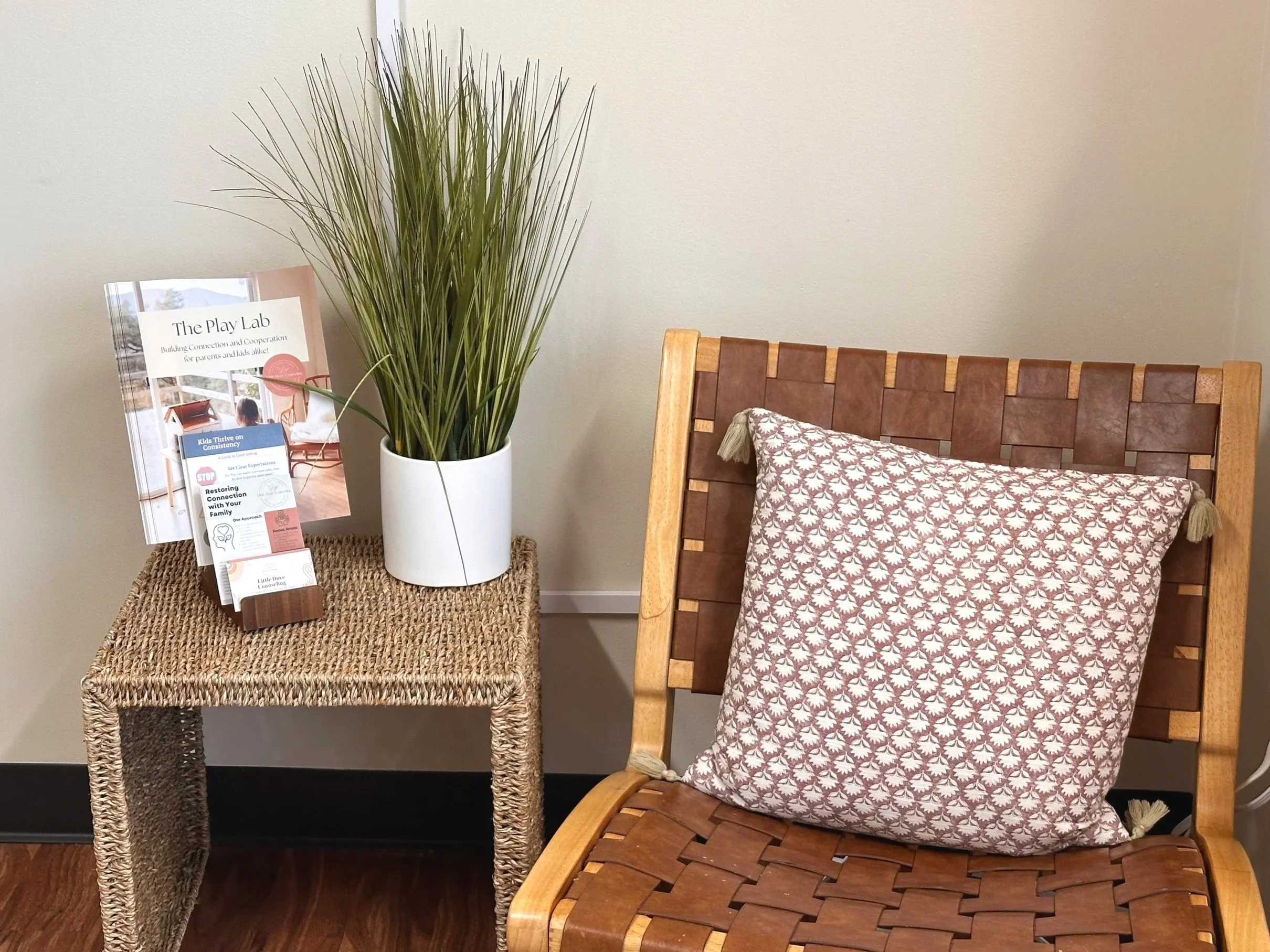 Calming waiting room corner with parent resources at Little Dove Counseling child therapy office, Walnut Creek CA