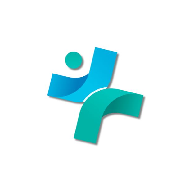 Abstract logo with blue and teal curved shapes forming a stylized letter 'J' or similar design.