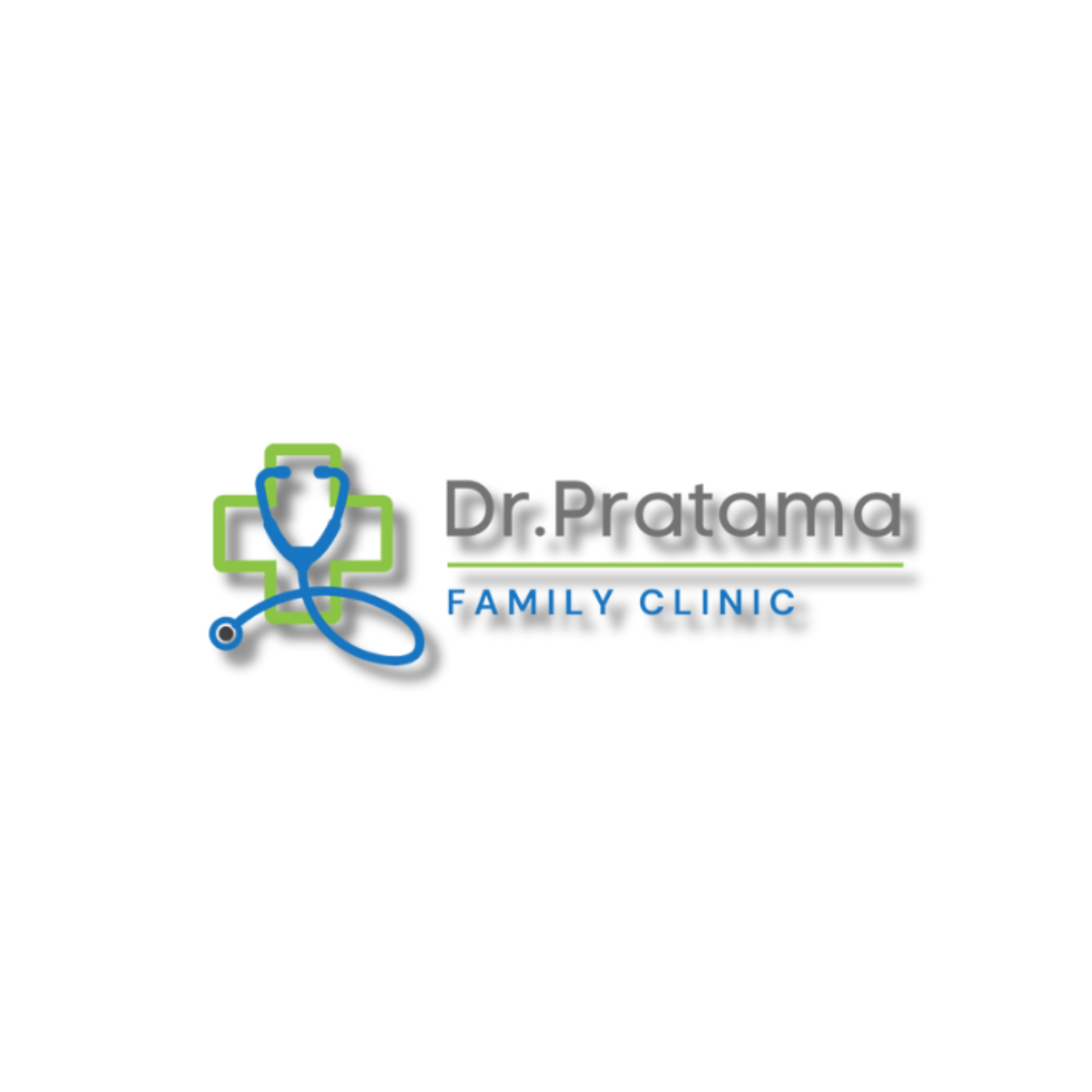 Logo for Dr. Pratama Family Clinic featuring a green medical cross with a blue stethoscope shape integrated into the cross, and the clinic's name in black and blue text.