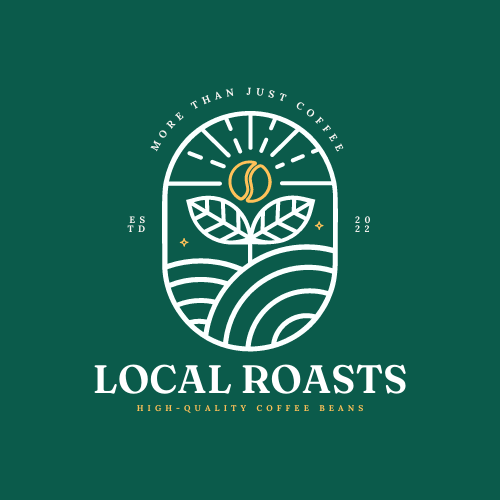 Logo for Local Roasts featuring a coffee bean and leaves with the slogan 'More than just coffee' and 'High-quality coffee beans', set on a green background.