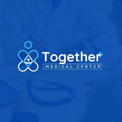 Logo of Together Medical Center with a stethoscope icon and blue background
