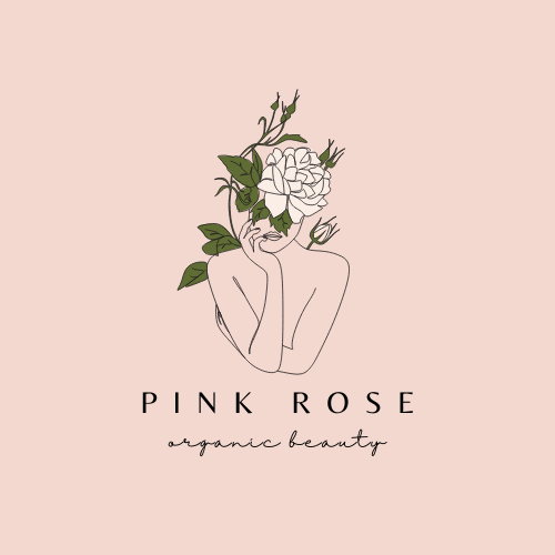 Line drawing of a woman with floral elements covering her face, on a pink background. Text says 'Pink Rose Organic Beauty'.