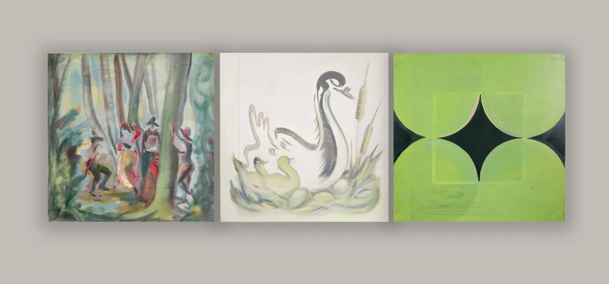 Triptych of three abstract paintings with diverse styles and color schemes displayed on a neutral gray wall.