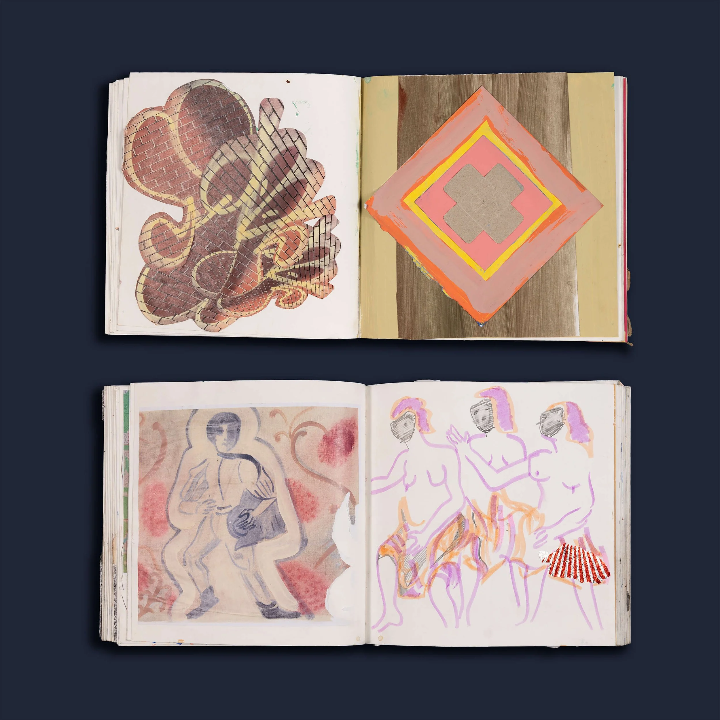 Open sketchbooks displaying abstract and figurative artwork, including a cross pattern, stylized figures, and doodles, on a dark background.