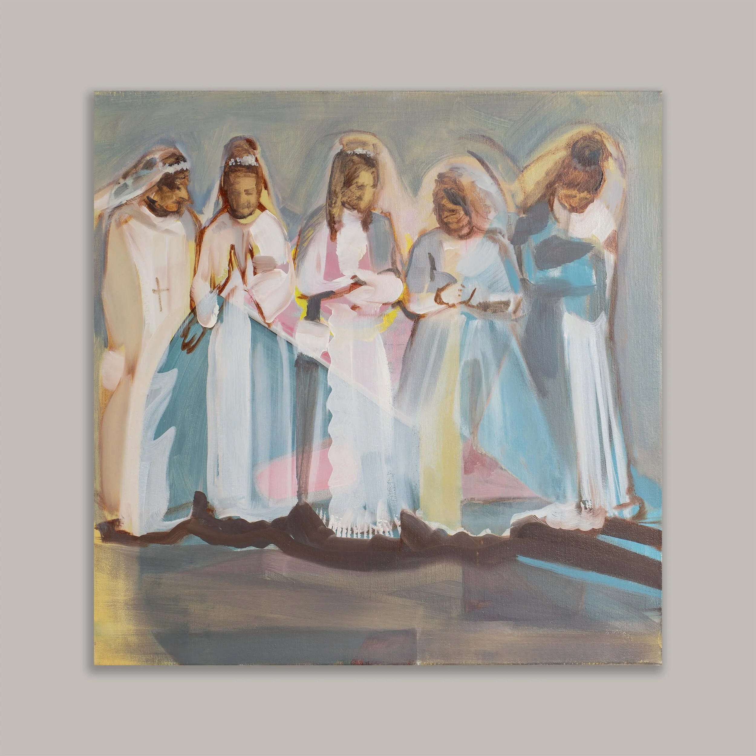 Abstract painting of five women in white dresses, some with veils, standing side by side, with some holding phones and bowing heads.