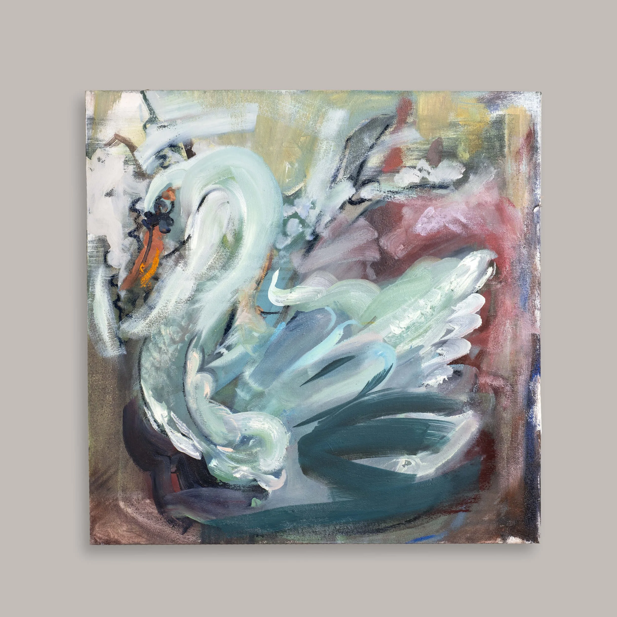 Abstract painting of a swan with swirling shapes in pastel colours, mainly mint green, white, and touches of dark blue, red, and brown.