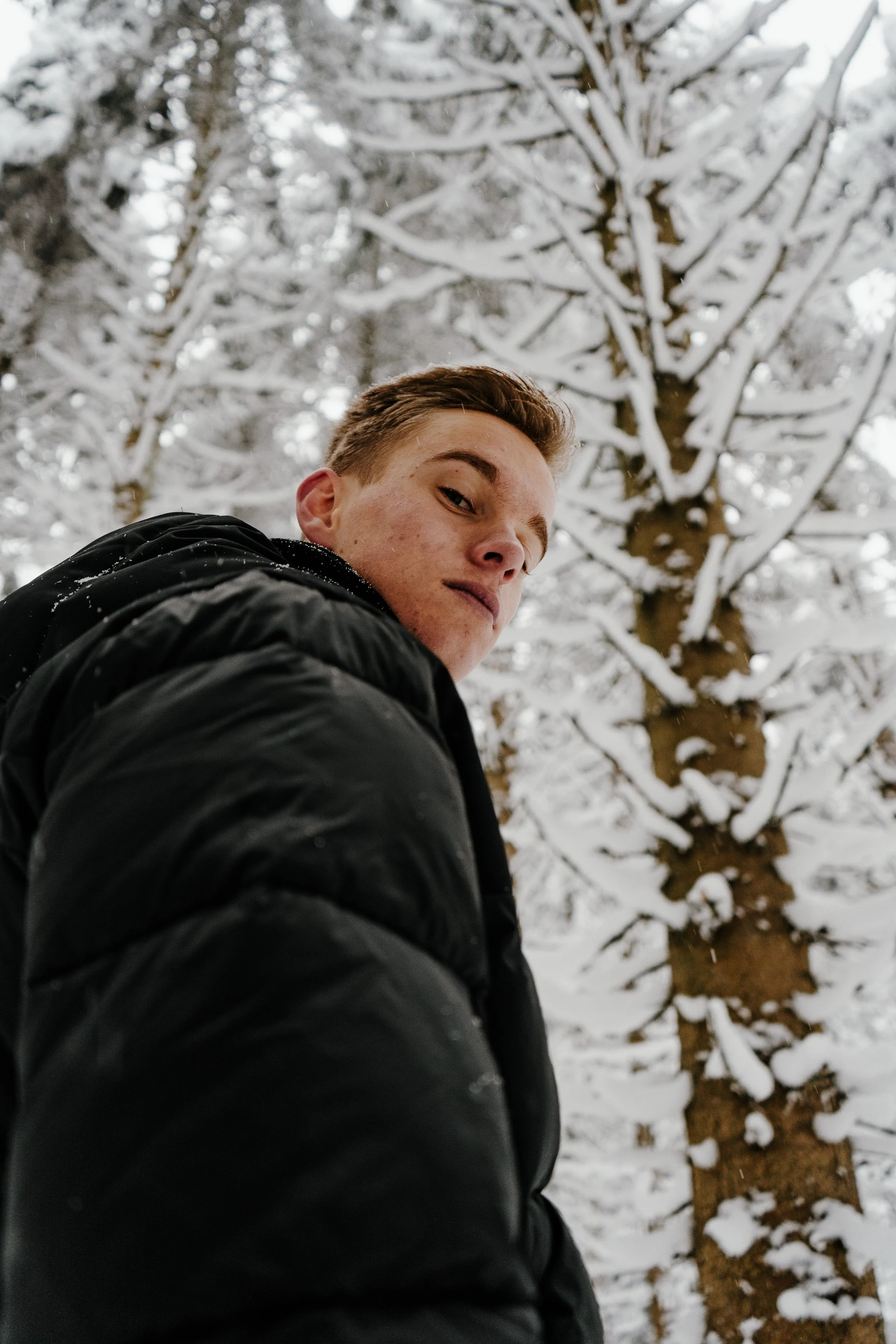 Junger Mann in dunkler Winterjacke steht vor einem verschneiten Baum im Winter.