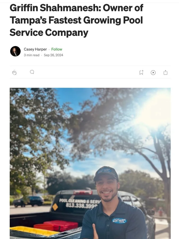 Article headline about Griffin Shahmanesh, owner of a fast-growing pool service company, with an image of a smiling individual in front of a pool service truck.